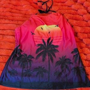Sunset Palm Print Halter Tank Top - Pink to Purple Gradient